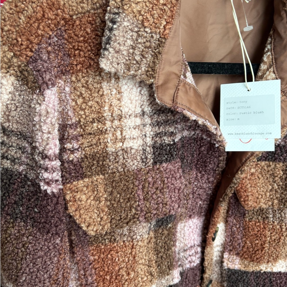 beachlunchlounge Brown and Pink Teddy Jacket shacket NWT - Picture 2 of 5